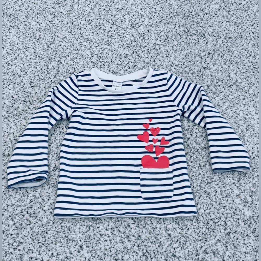 Carter’s long sleeve blue stripe red valentines hearts with pocket size 2T